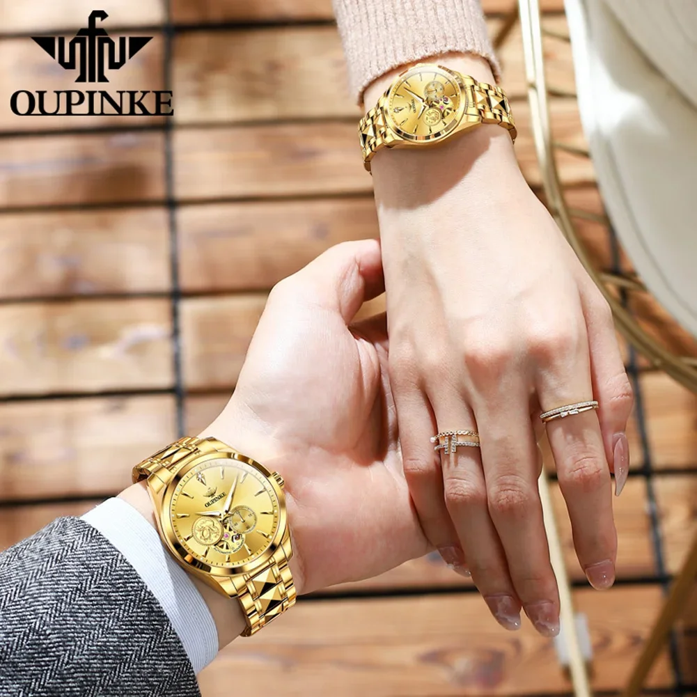 OUPINKE 3260 Real Diamond Mechanical Couple Watch For Men Women Luxury Original Dress Wristwatch Swiss Brand Waterproof Watches