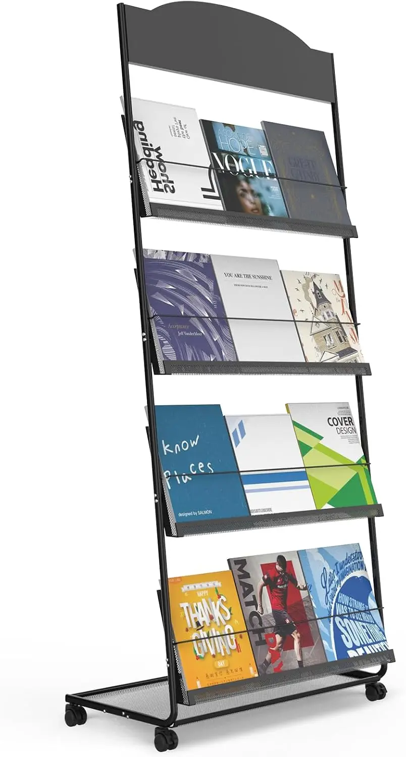 Wheeled Metal Four Tier Floor Magazine Rack Arc Black Brochure Display Stand Exhibition Office