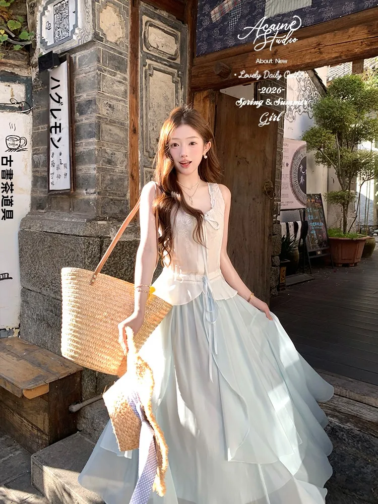 

Acaine 309 2000 95 Sle Pure Desire Embroidered Cotton Top Long f Skirt Ele Spring Faion Set for Young Women