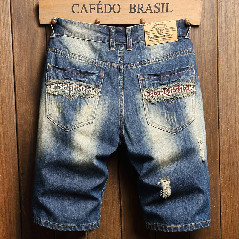 Shorts jeans rasgados masculinos, calções soltos, calças de verão grande, tamanho médio, marca de moda, personalidade, 2023