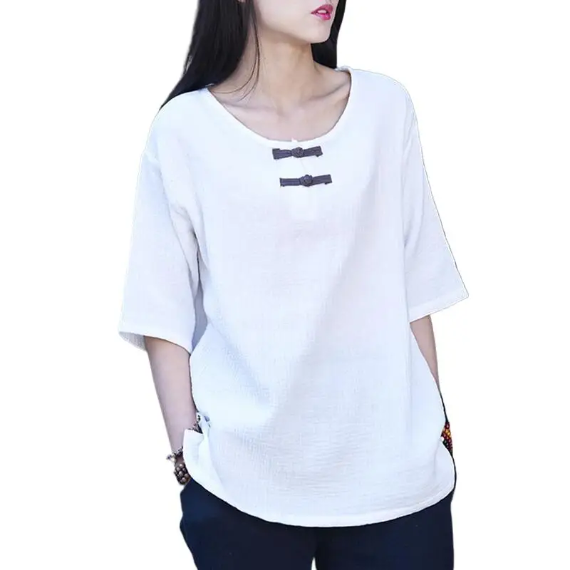 

New 2024 Autumn New Women Shirts Half Sleeve Cotton Linen O-Neck Loose Casual Blouses Summer Vintage Tops Red White 9 Colors