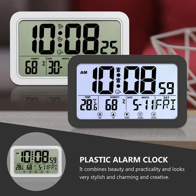 Digital Alarm Clock Electronic Table Wall Clock LED Date Time Temperature Calendar Display Humidity Meter Thermometer Hygrometer