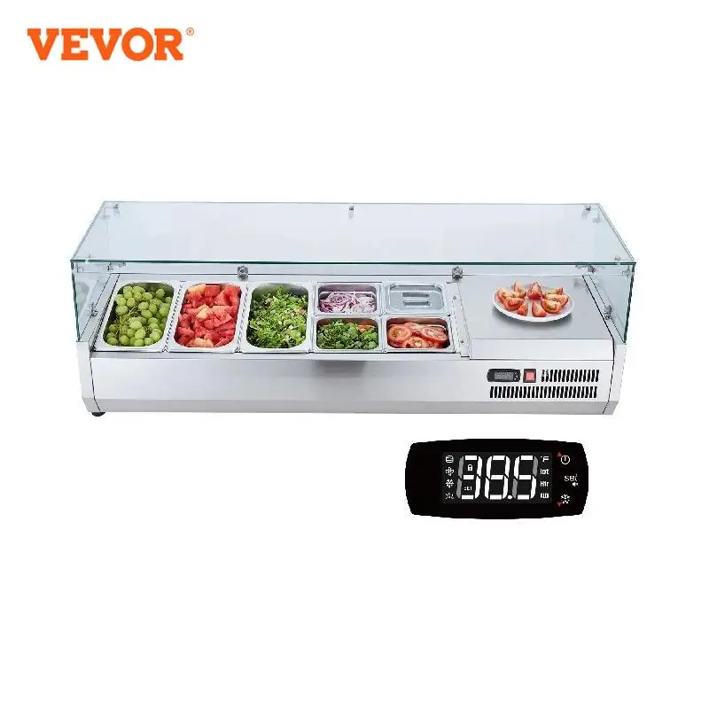 VEVOR Refrigerated Condiment Prep Station 140W with 3 1/3 Pans & 4 1/6 Pans 304 Stainless Body and PC Lid with Glass Guard ETL