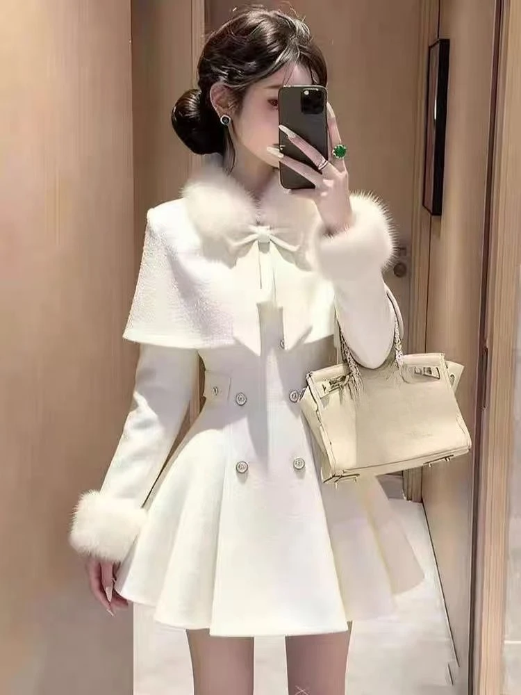 フランス風エレガントヴィンテージウール2ピースセット レディース フェイクファー襟付きケープ＋シックなワンピース 新冬Aラインレトロパーティーコーデ 2025