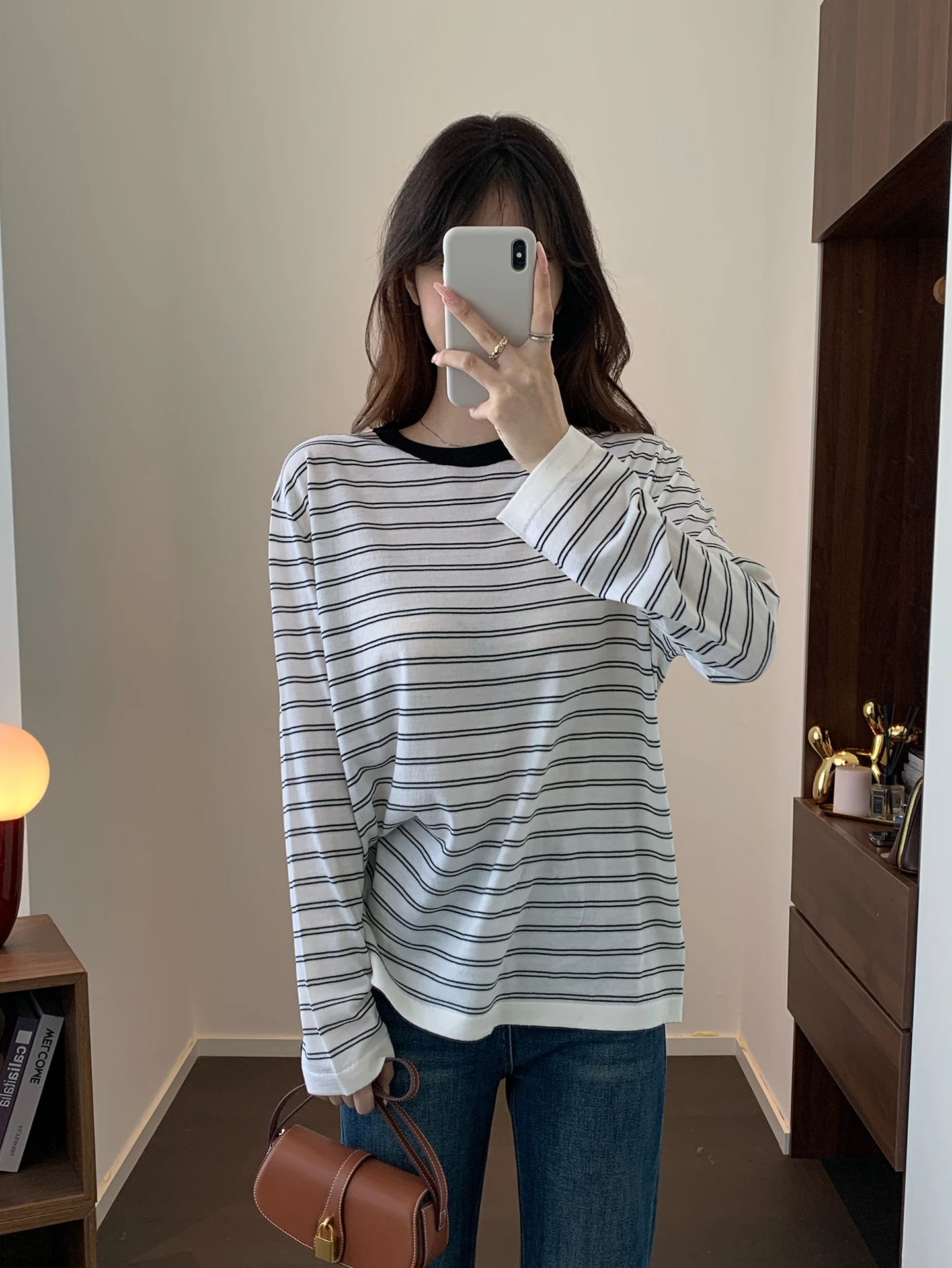 

Ele Slim Striped Extra Fine Merino Wool round Ne Loose Straight Casual Long Sve Knitted Sweater for Women Uni Crispirit