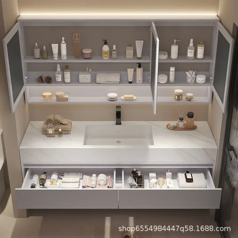 Modern Floating Vanity Bathroom Slate Integrated Basin Wall Mounted Bathroom Storage Cabinet Single Set Bathroom Vanity Sink Set image 2