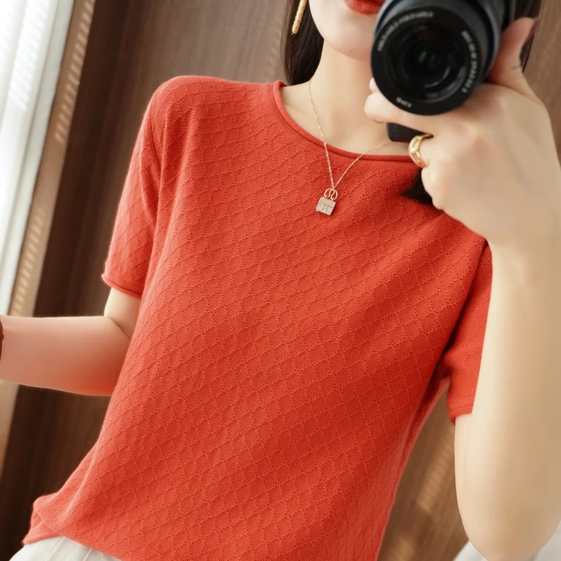 Womens 100 summer Cotton Short Sleeve T Shirt Summer fashion Casual Loose Fit Round Neck Ladies rolled edge Blouse Pullover ....