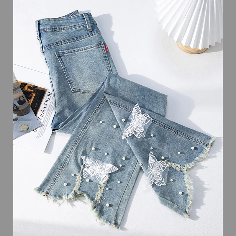 Chic Peal Beading Flared Jeans Women Trendy High Waist Slim Ankle-Length Denim Pants Irregular Tassels Butterfly Lace Blue Jeans