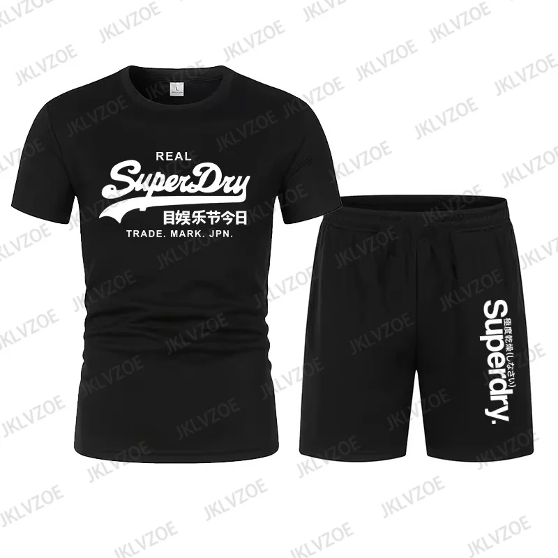 Superdry Letter Tshirt Set Summer Casual Cotton Breathable Men Women Sports Set Short Sleeve Tshirt Pants 2-piece Set Streetwear