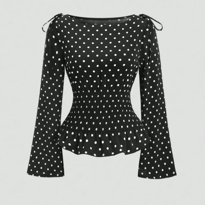 Women French Retro Polka Dot Off Shoulder Blouse Smocked Waist Flare Sleeve Ruffle Sweet Crop Tops