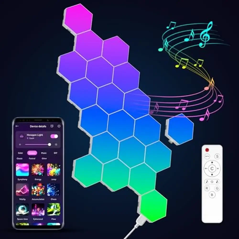 Hexagon LED Wall Lights 20 Pack Music Sync RGB Gaming Decor Panel Remote Control App Sync Home Theatre Light