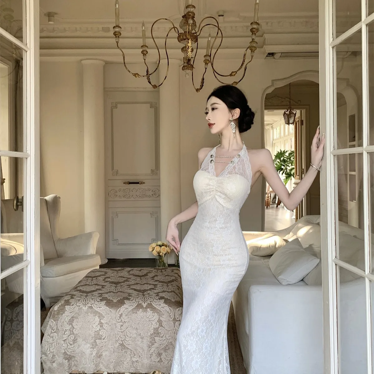 Lange Spitze V-ne Fi-schwanz Dr Sommer Neue Sle Dekorative Kette Ne Hängen Abnehmen Taille Design Koreanische Sle pendeln Dr