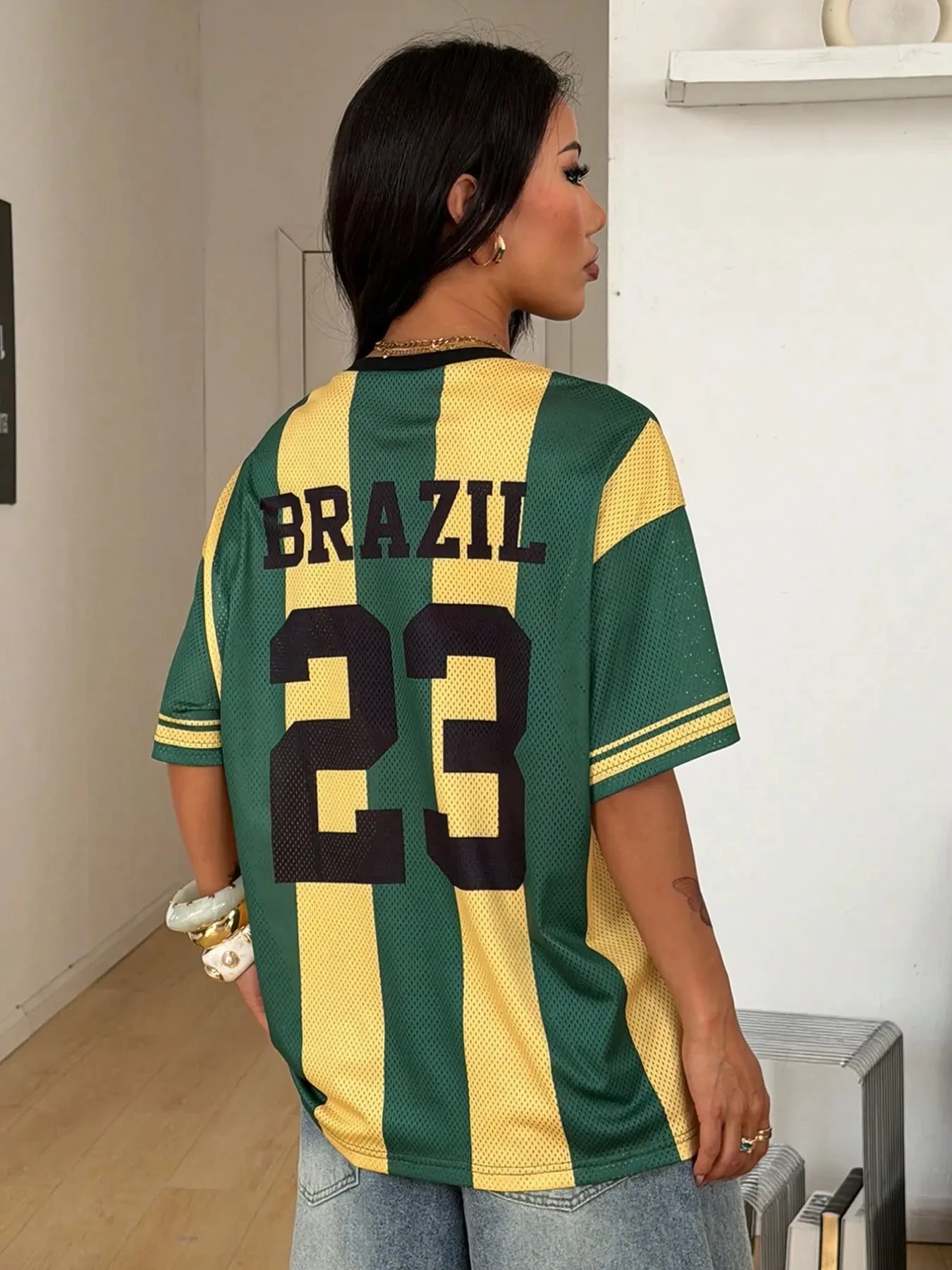 Women's Y2K Black Mesh Breathable Knight Print Fitted Shirt  Brazil Graphic Tee Loose Oversized Fit