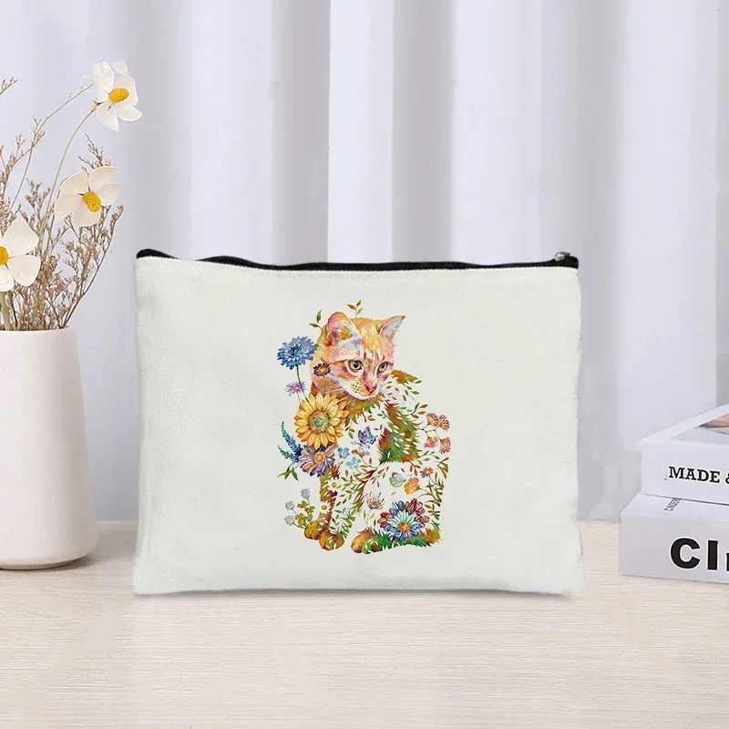 Bolsa de maquillaje Floral para cachorro y gato, estuche de maquillaje, estética artística, estuche de cosméticos con cremallera, estuche de lápices Kawaii, regalo de cumpleaños para niña