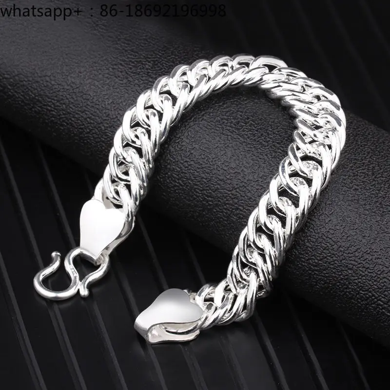 Silver Bracelet Men's 999 Sterling Silver Solid Whip Chain Simple Wide Version Hip Hop Trendy Men's Jewelry