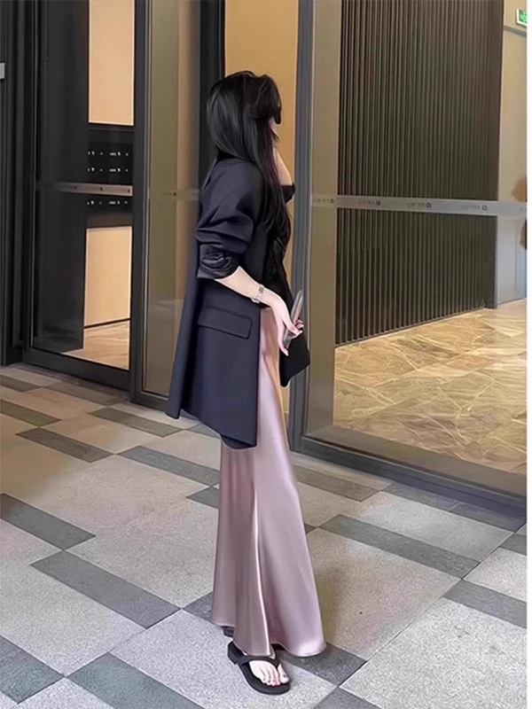 

Silk Satin Acid Silk Smooth f Skirt Women Summer Dra High Waist Bodycon Fi Tail Ice Silk Midi A-Line Skirt