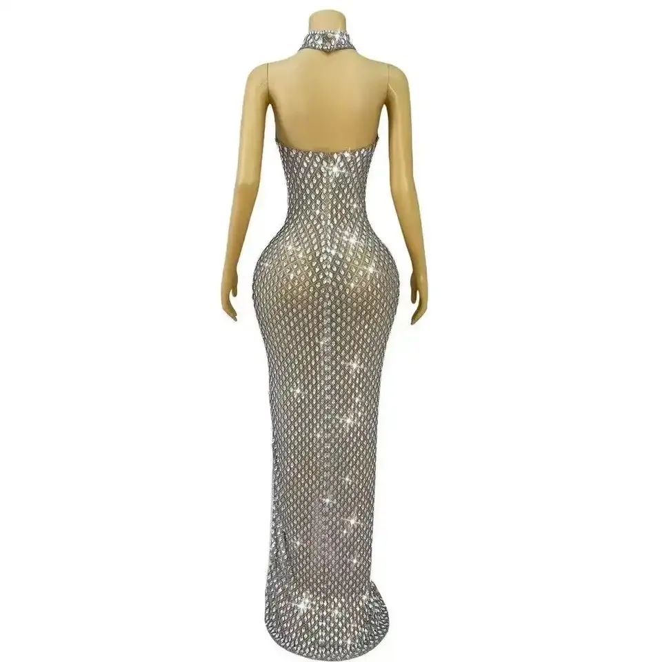 여성 생일 축하 저녁 댄스 파티 드레스 파티 클럽 무대 의상 고급스러운 전체 라인 석 메쉬 투명 롱 드레스