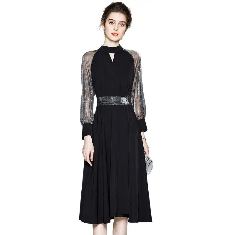 

Spring and summer 2023 new women's Dress Star Sequin mesh long sleeve splicing A-line big swing dresses