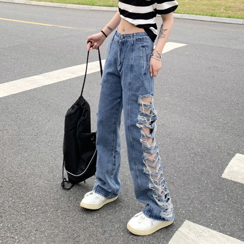 

Women Blue Jeans Worn-out Y2K Streetwear High Waist American Wide Leg Pants Fashion Vintage Female Autumn NEW Straight Trousers