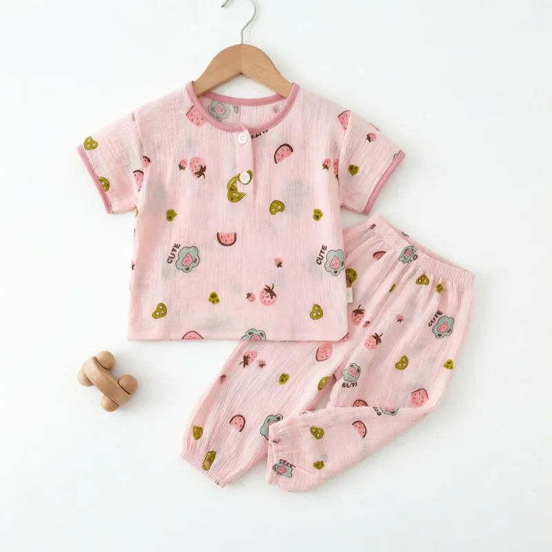 Boys girls Summer Set Baby Short Sleeve Outfit Clothes Soft Muslin Cotton Shirt Linen Suit Tops +Pants 2 PC 2-7 Years