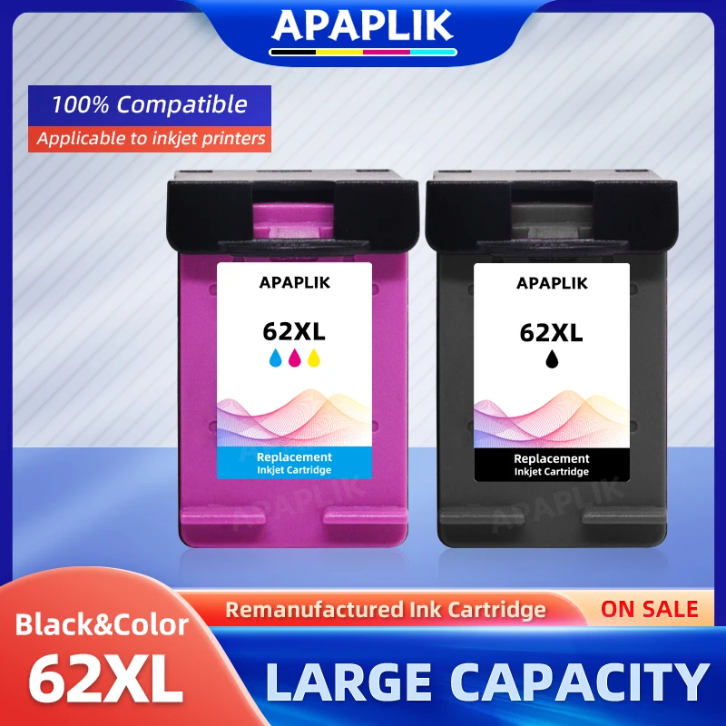 APAPLIK Compatible 62XL Cartridge Replacement For HP 62 Ink Cartridge For Envy 5542 5543 5544 5545 5547 5548 5642 5644