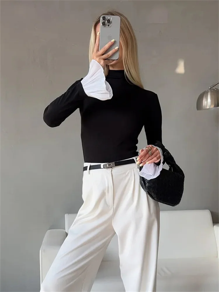 Tossy 러플 스프링 터틀넥 풀오버 티셔츠 여성 긴팔 패치워크 캐주얼 출퇴근 하이웨이스트 티 탑 여성 의류