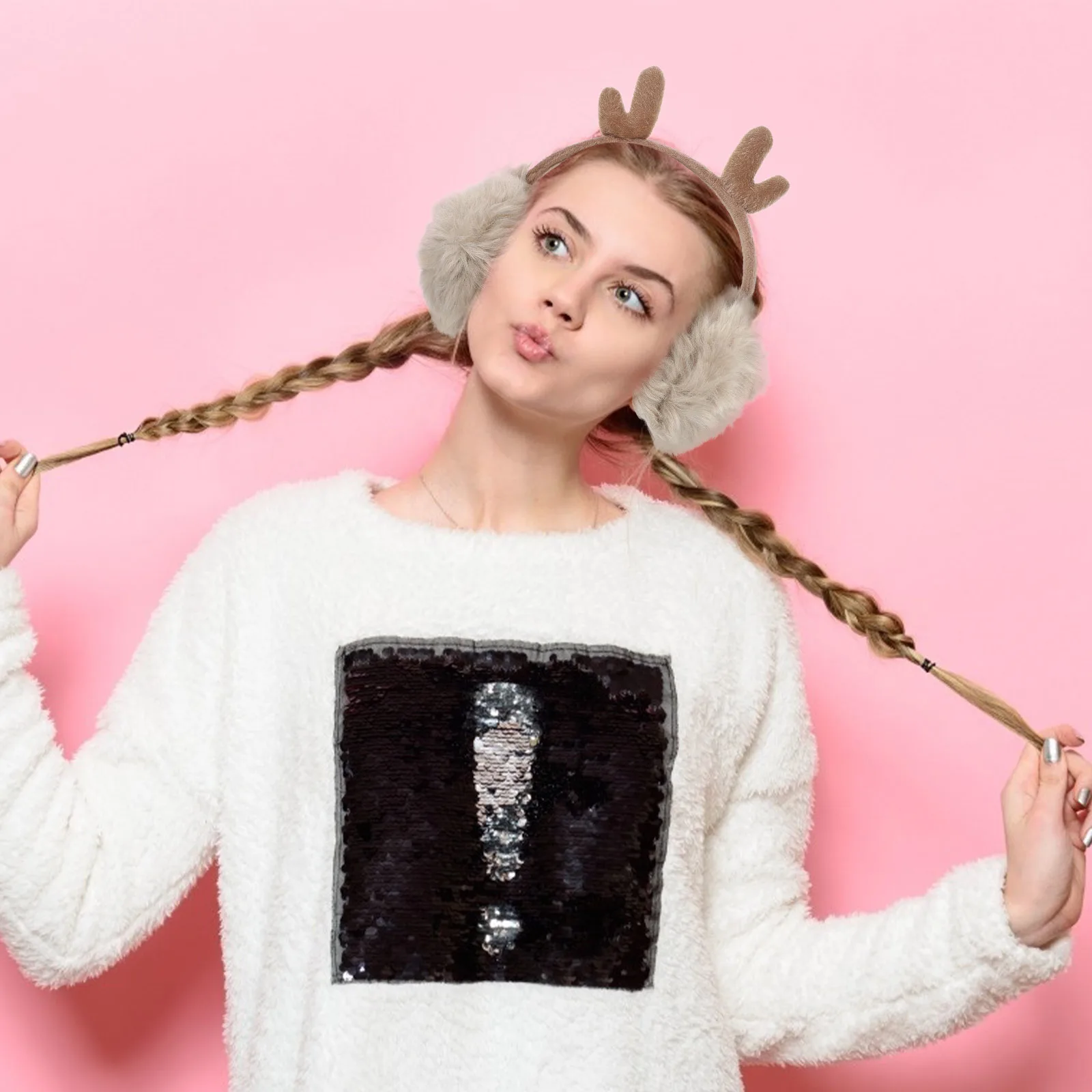 

2Pcs Christmas Earmuffs Furry Ear Warmers Ladies Deer Antlers Cover Winter Warm Matching Sweater Scarf Coat Gift
