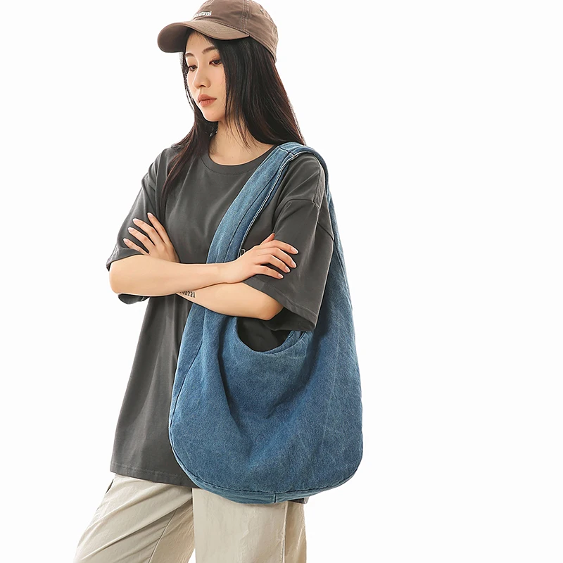 

Denim Women's Bag High Capacity Shoulder Bag New Jeans Pocket Y2K Eco Bag Korean Shopper Handbag Solid Hobo Modest Design Tote