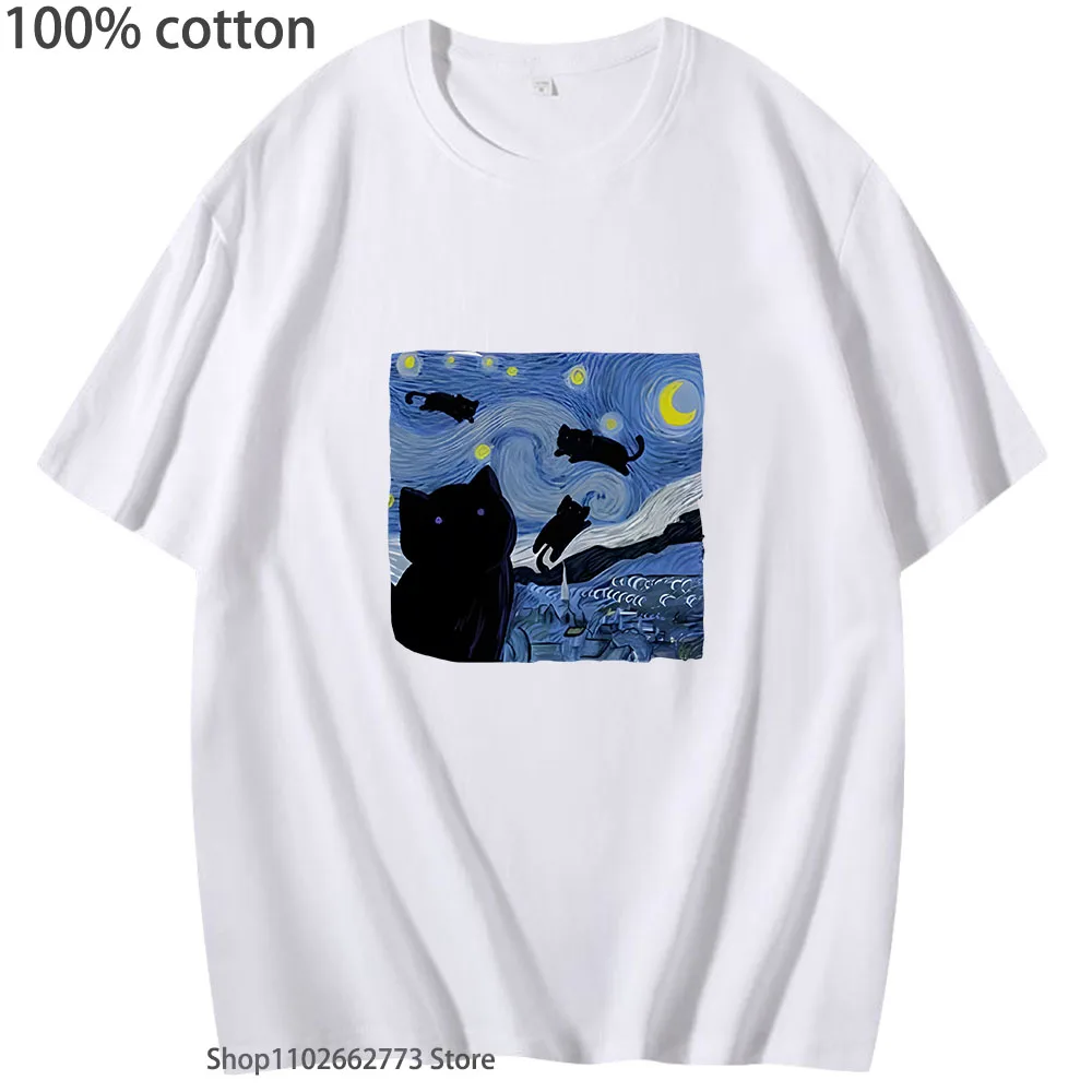 The Starry Cat Night Printing Tshirt for Men 100% Cotton Summer Tops Fashion Soft T-Shirts Women's Casual Y2k Tee Unisex Clothes
