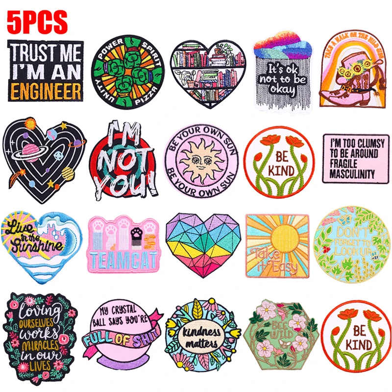 5PCS Cartoon Patch Brief Planet Sonne liebe Herz Gestickte Patches DIY Eisen Auf Patches Für Kleidung Jacken Jeans Nähen Aufkleber