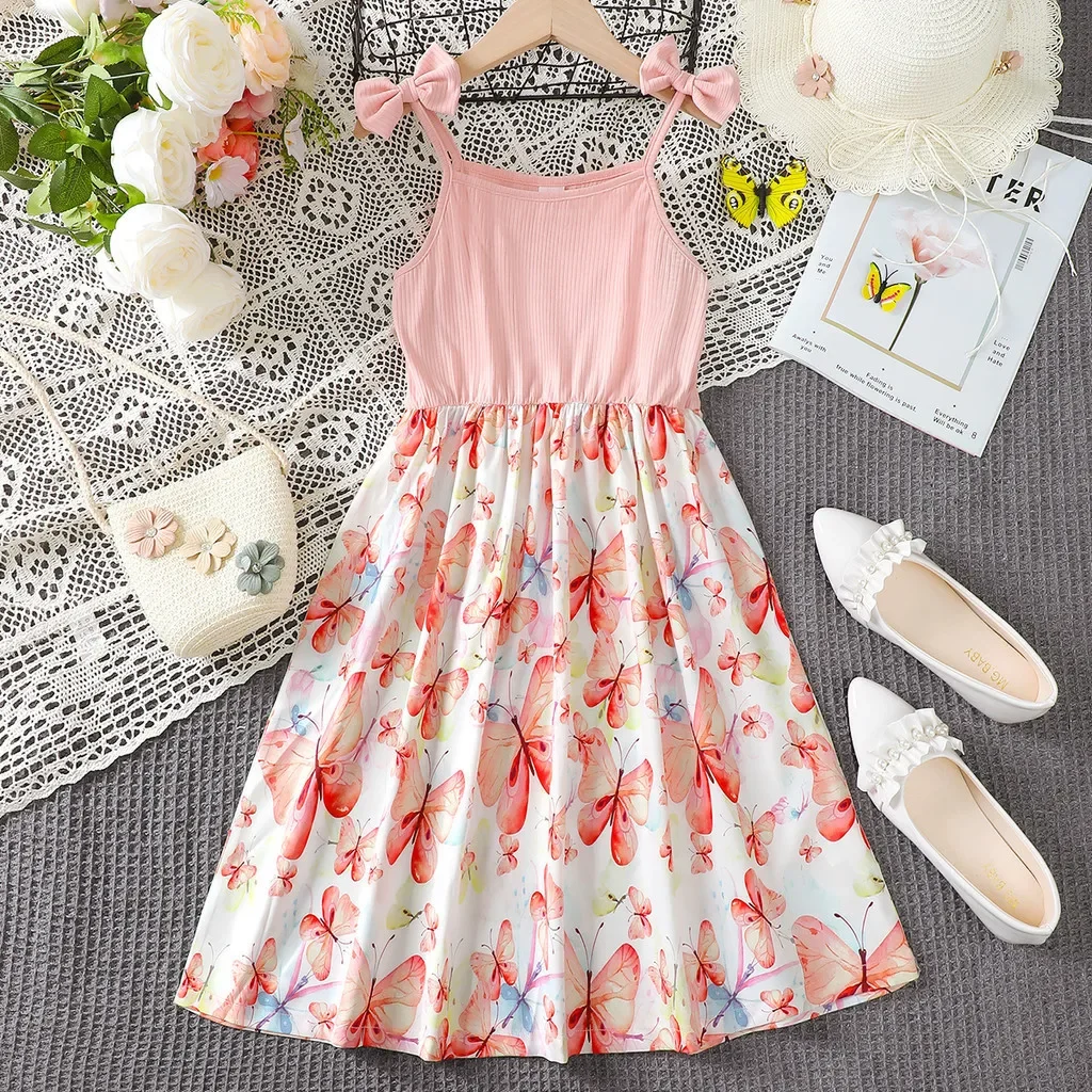 

8-12 Years Children Girl Summer Dress Bow Slip Cute Floral/ Butterfly Print Dress Seaside Vacation style School clothes For Kids