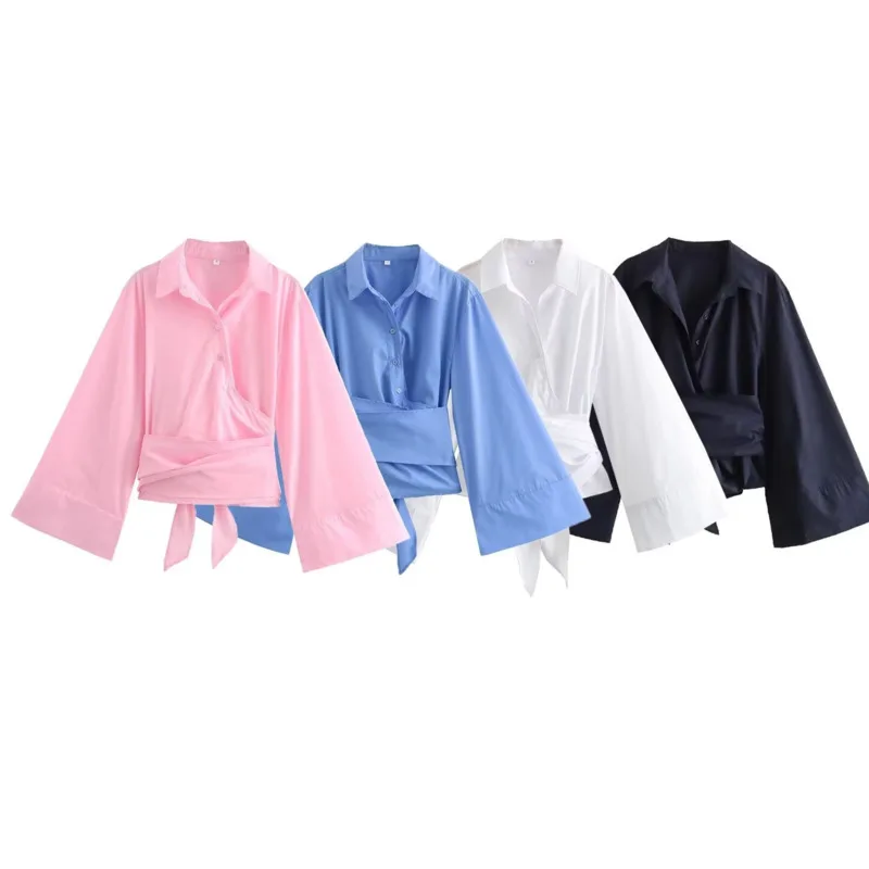 Fashion Long Sleeve Bow Tie Front Button Female Shirts Casual Polo Neck Bow Tie Up Short Edition Single Breasted Poplin Shirts