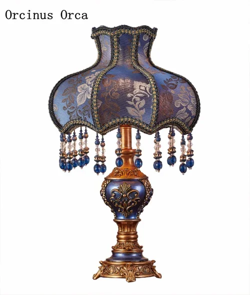 European style blue luxurious carving table lamp hotel living room bedroom American romantic crystal decorative table lamp