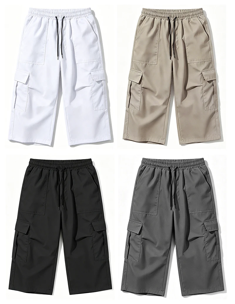 2026 New Men Multi Pocket Cargo Capri Shorts Loose Fit Daily Street Travel Outdoor Casual Drawstring Waist Cropped Short Pants