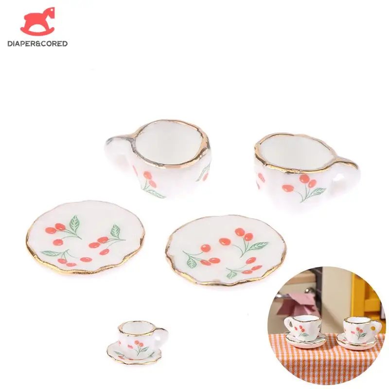 1Set 1:6 1:12 Dollhouse Miniature Cherry Ceramic Cup Saucer Kitchen Tableware Model Decor Toy Doll House Accessories