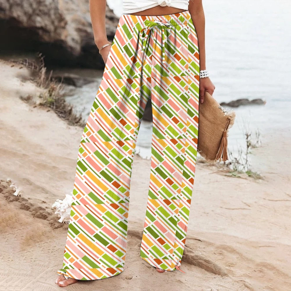 

Vibrant Geometric Print Drawstring Wide-Leg Pants Trendy Wave-Inspired Drawstring Trousers Casual Geometric Patterns Bottoms