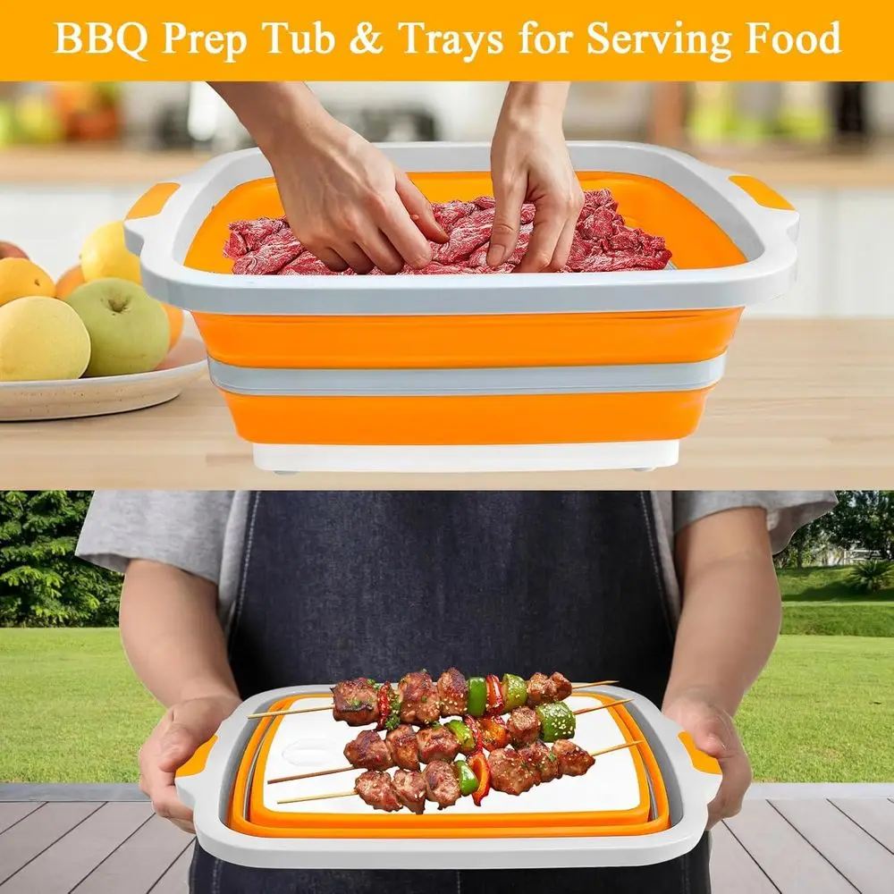 Bañera de barbacoa plegable portátil de 3 tamaños con tapa para tabla de cortar, lavabo para campamento y competición al aire libre, apto para lavavajillas, sin BPA, 30