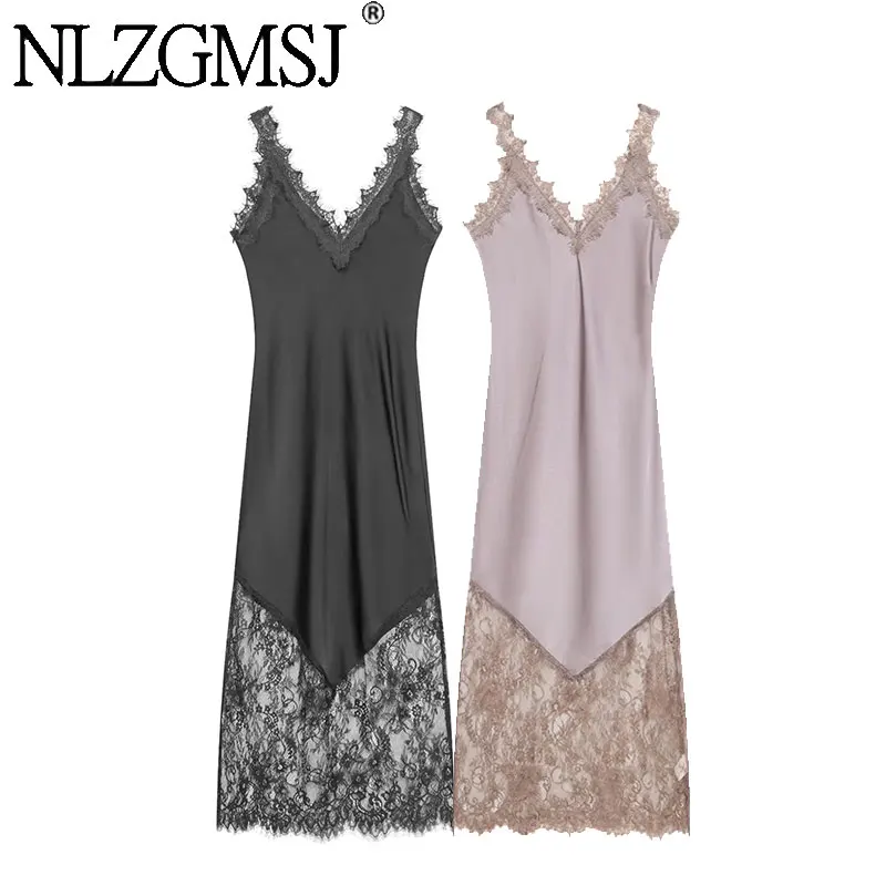 NLZGMSJ 2026 Sexy Spitzenkleid für Damen, modisches Satin-Splice-Kleid, elegantes rückenfreies langes Kleid, schmales Urlaubsparty-Kleid für Frauen