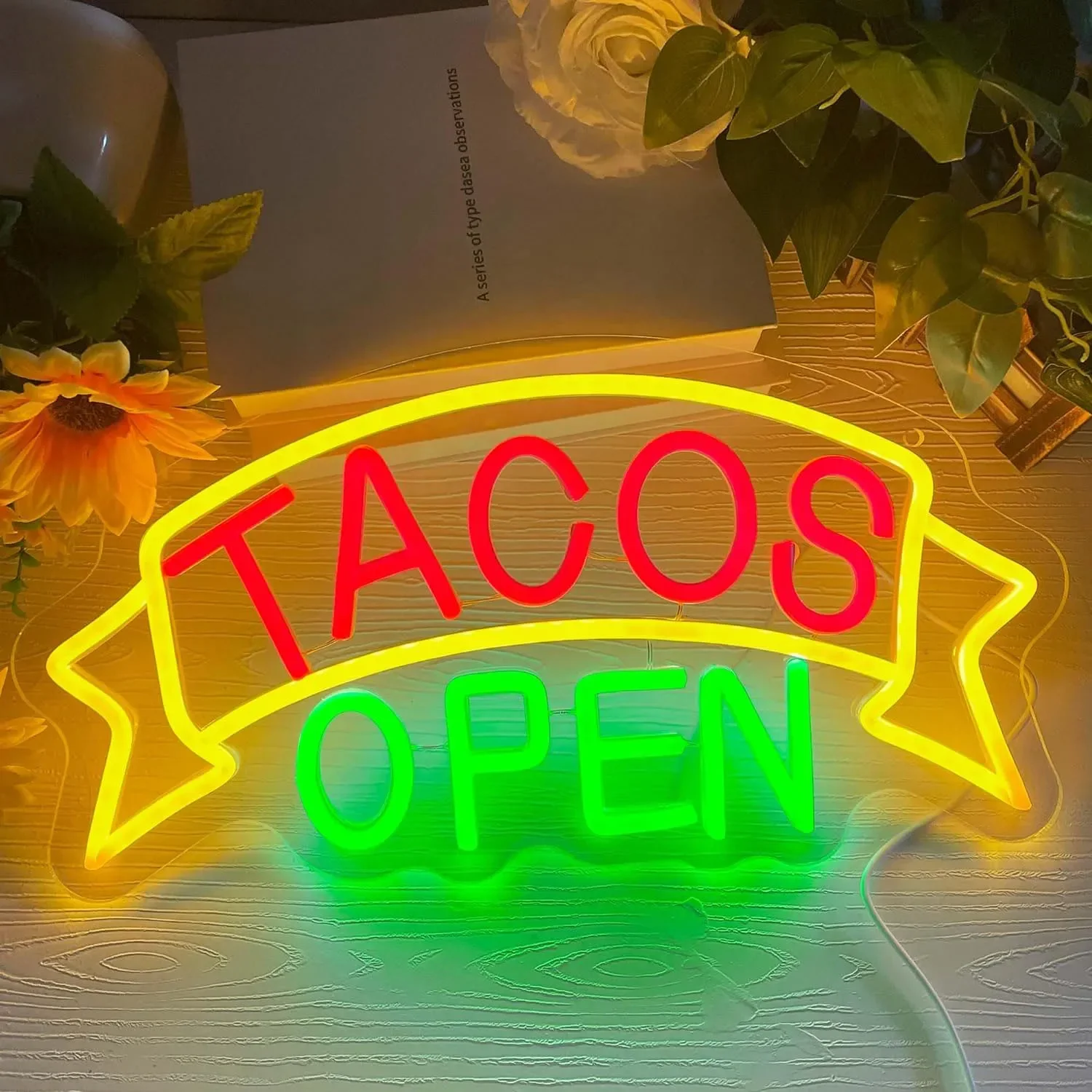 Tacos Open Neon Sign LED Wall Art USB Powered Red Yellow Green Banner Decor Mexican Restaurant Kitchen Bar Aesthetic Light