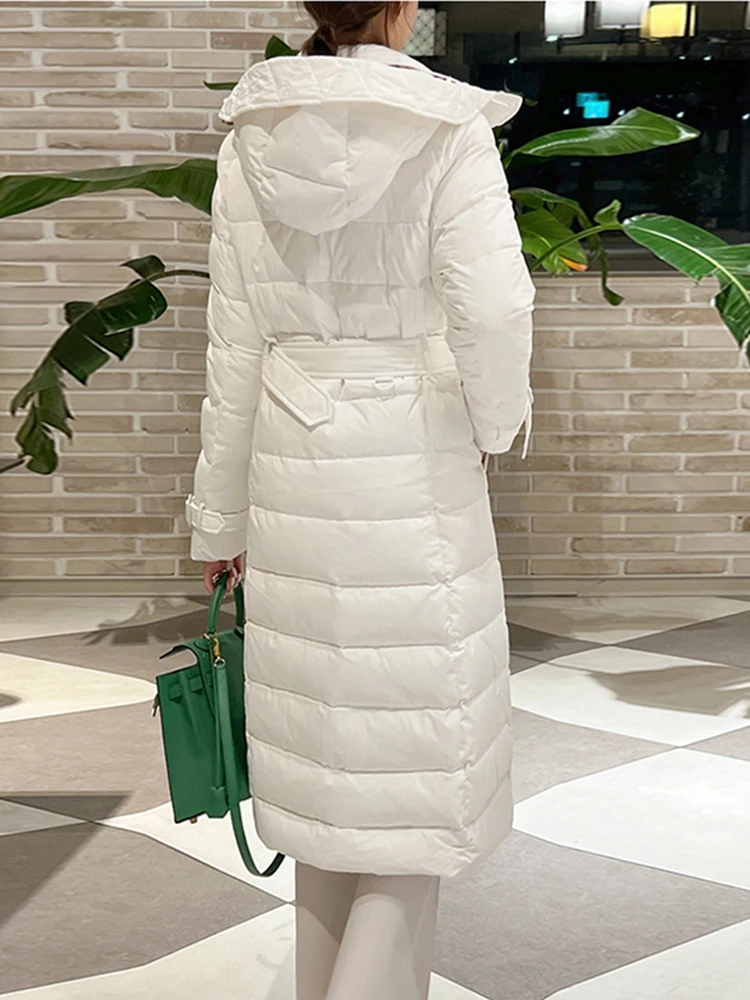 Jaet mi-long en duvet pour femmes, manteau Sli à Double boutonnage, avec plumes blanches Du, amincissant, ceinturé, nouvelle collection 2024