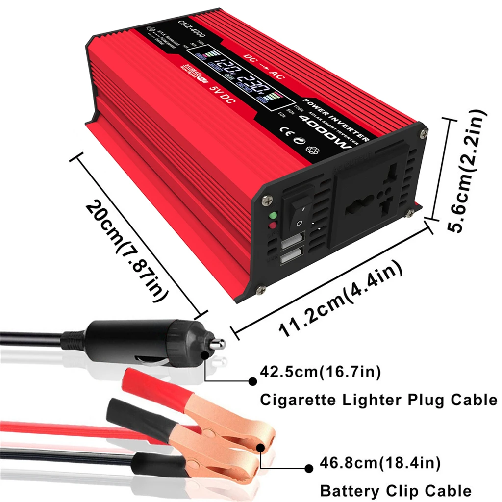 4000W Power Inverter 12V to 110V/220V, LCD Display, Car Adapter, Modified Sine Wave Converter, Voltage Transformer Charger