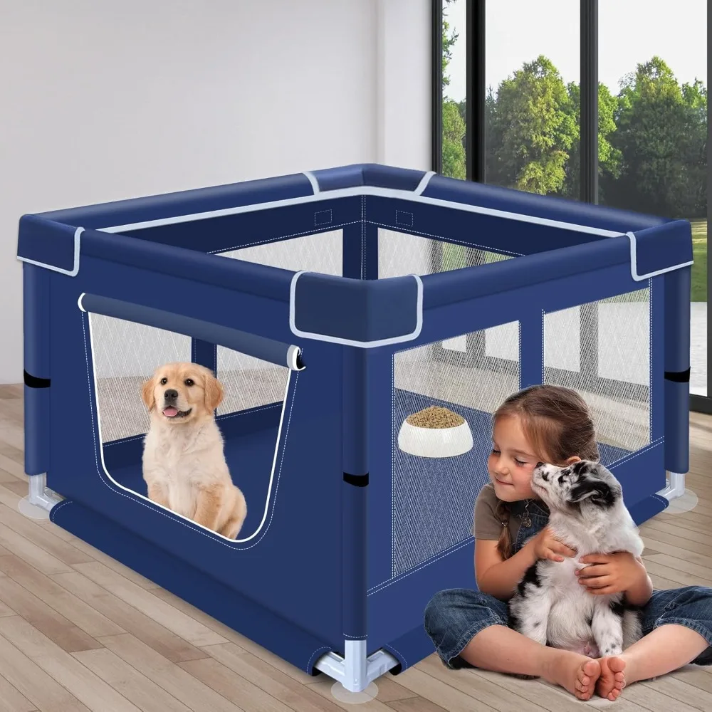 

Dog Playpen, 42x42x25.6 Inches Foldable Portable Soft Puppy Playpen with Gate, Thickened Fabric Mesh Dog Fence with High-Strengt