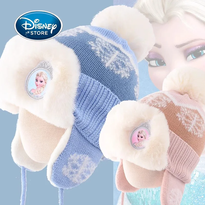 

Disney Girls Winter Hat Hat Earflap Ski Cap Female Thick Warm Hat Cartoon Fruzen Elsa Princess Add Velvet Hat