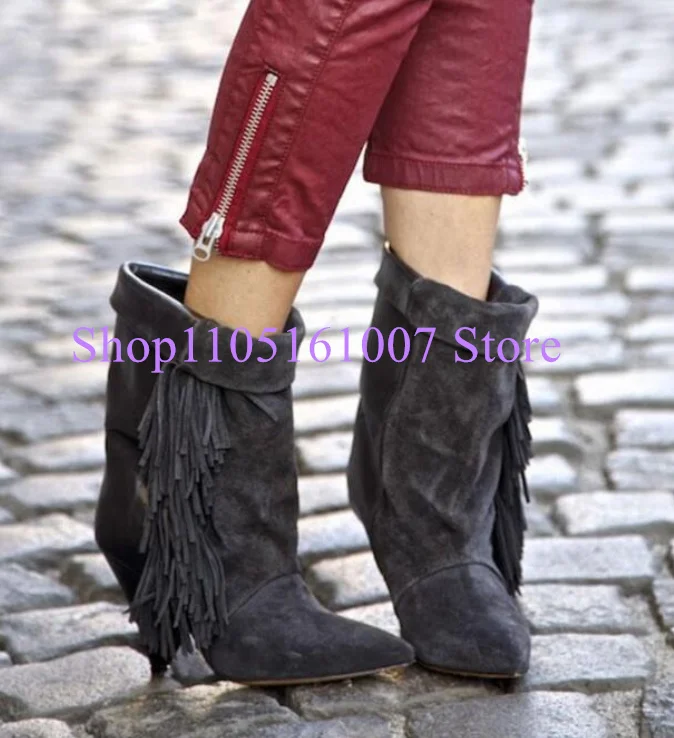 Spike Heels Suede Leather Fringe Lady Short Boots Street Style High Heels Woman Shoes Sexy Pointed Toe Tassel Ankle Boots Shoes