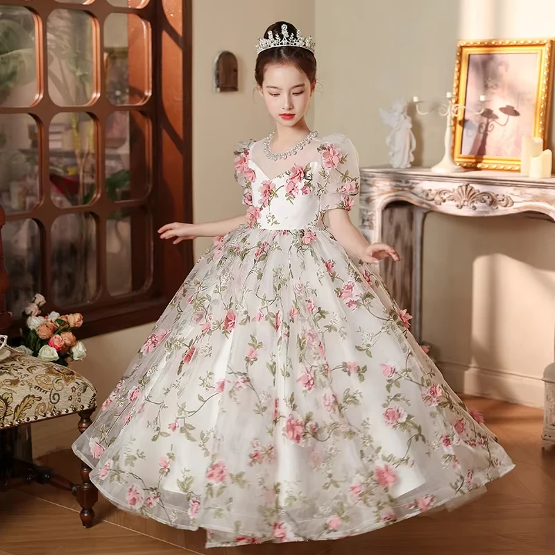 Girls Floral Print Princess Dress 2026 New Kids Rose Floral Birthday Gown for Wedding Flower Girl Baptism Host Piano Performance