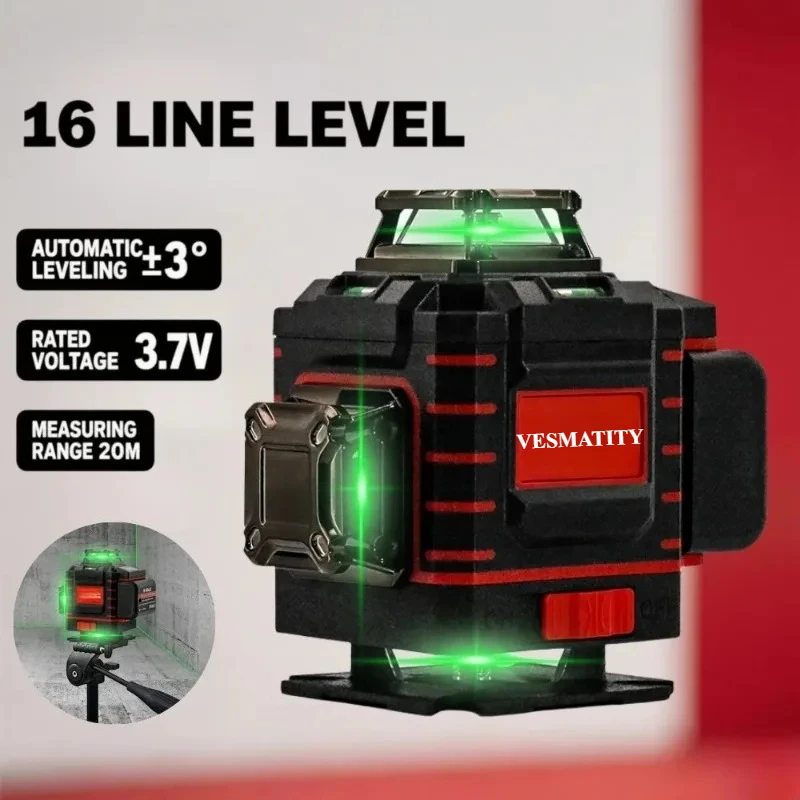 4 Sides*360 Degree Vertical Laser Level Green Beam Self-leveling Vertical 16 Lines Cross Line Lase Tool with Battery