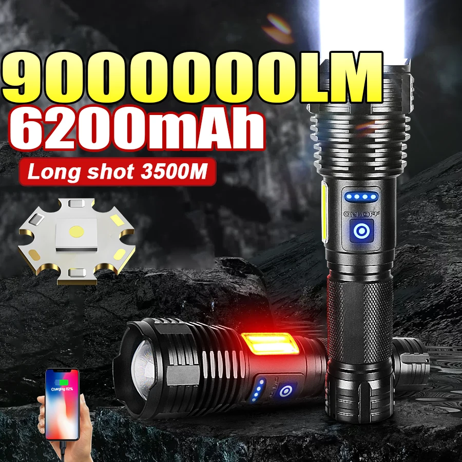 High power 90000000lumens rechargeable flashlight super bright flashlight waterproof tactical flashlight with COB flash function