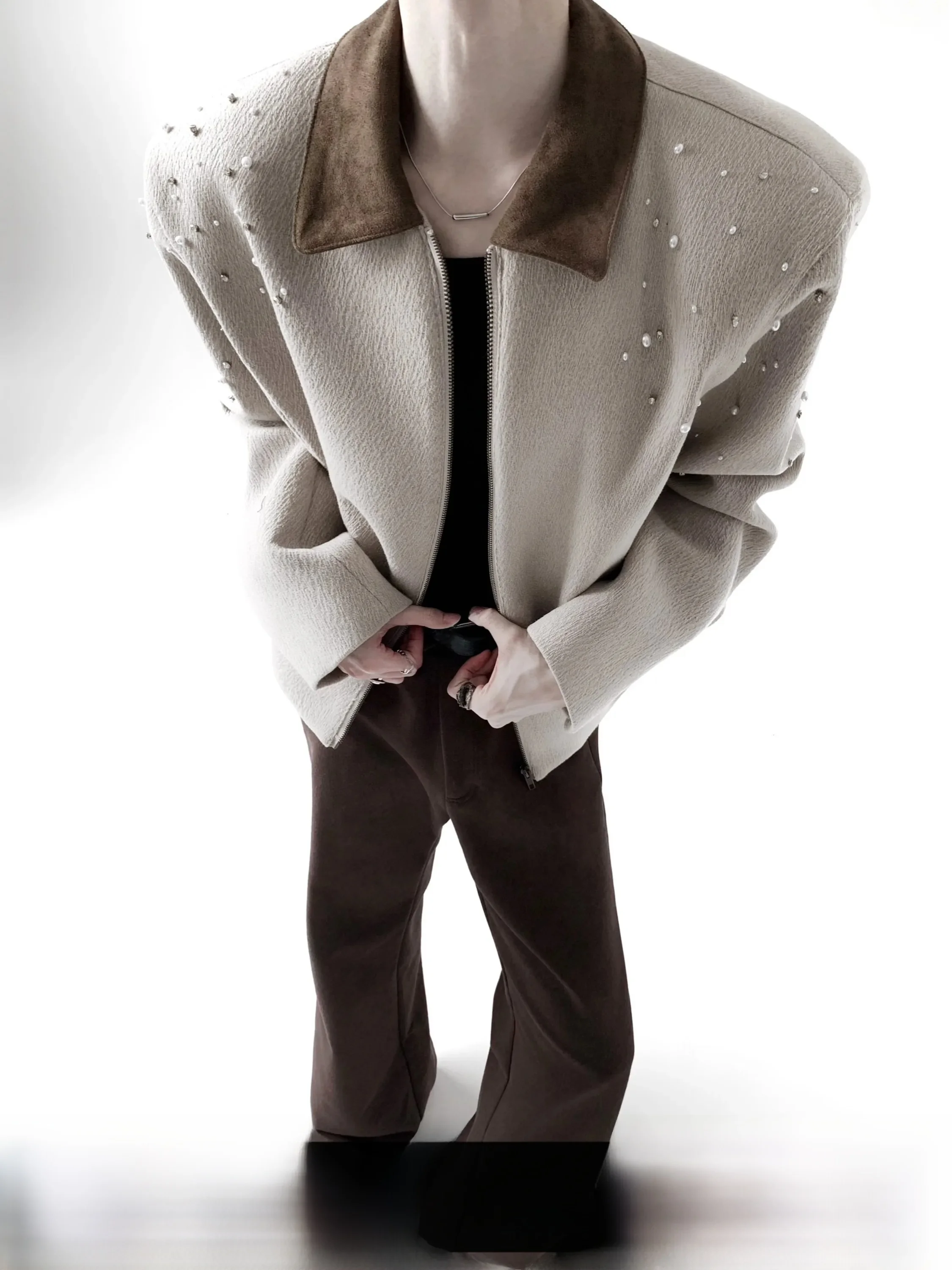 Autumn Mountain Wind Thickened Wool Blend Cotton Coat Men's Pearl Design Tweed Jacket High Grade Loose Fit Handmade Bead Work