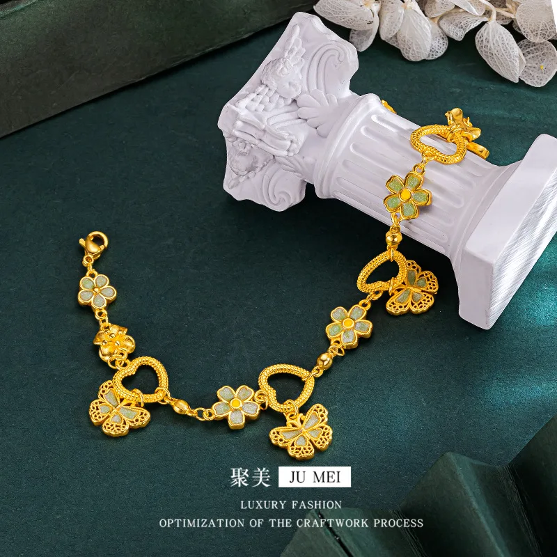 

Luxury 24K 9999 Pure Gold real gold Lace Love Butterfly Bracelet Burned Blue Enamel Lace Butterfly Bracelet for Women