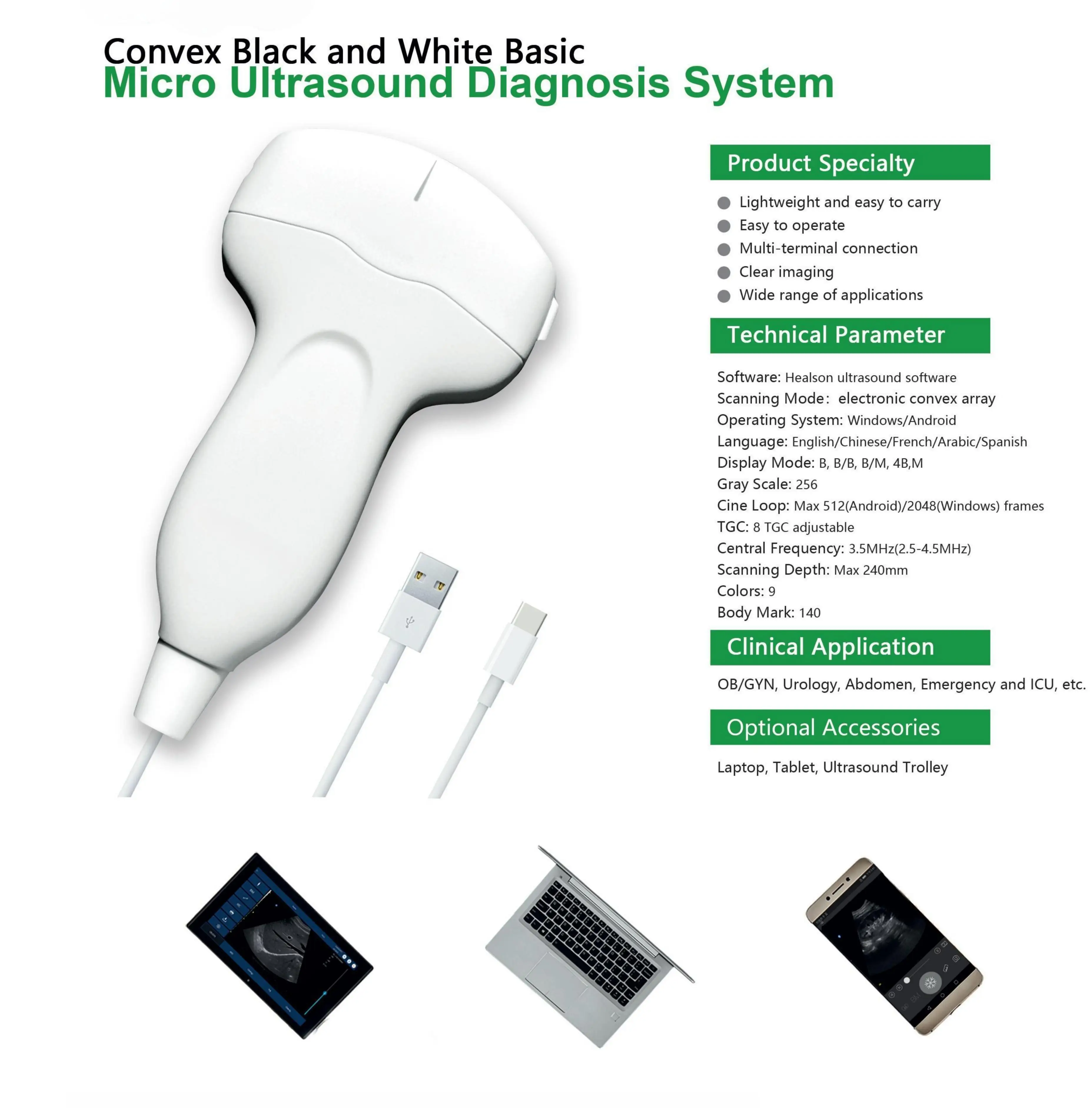 High Quality USB Convex or Liner Probe Ultrasound Scanner Handheld Pocket Ultrasound Machine